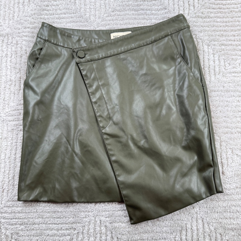 Nicholas Faux Leather Mini Skirt Women's 6 Olive Green Wrap Edgy Moto Chic Party